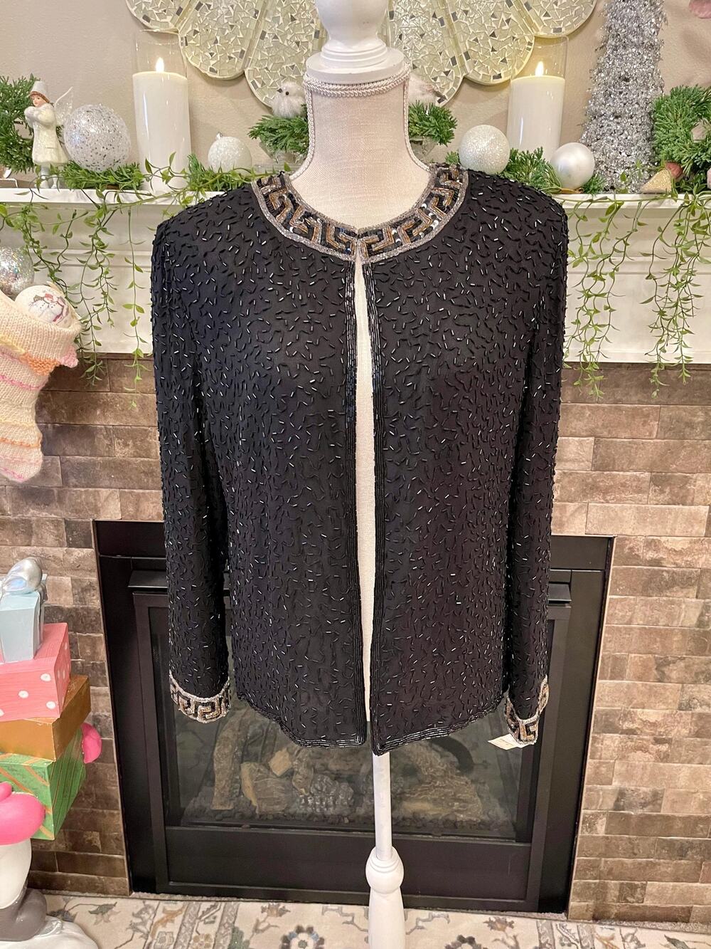 Black Silk Beaded Cardigan Gold Silver Black by Talbots W Tags Vintage